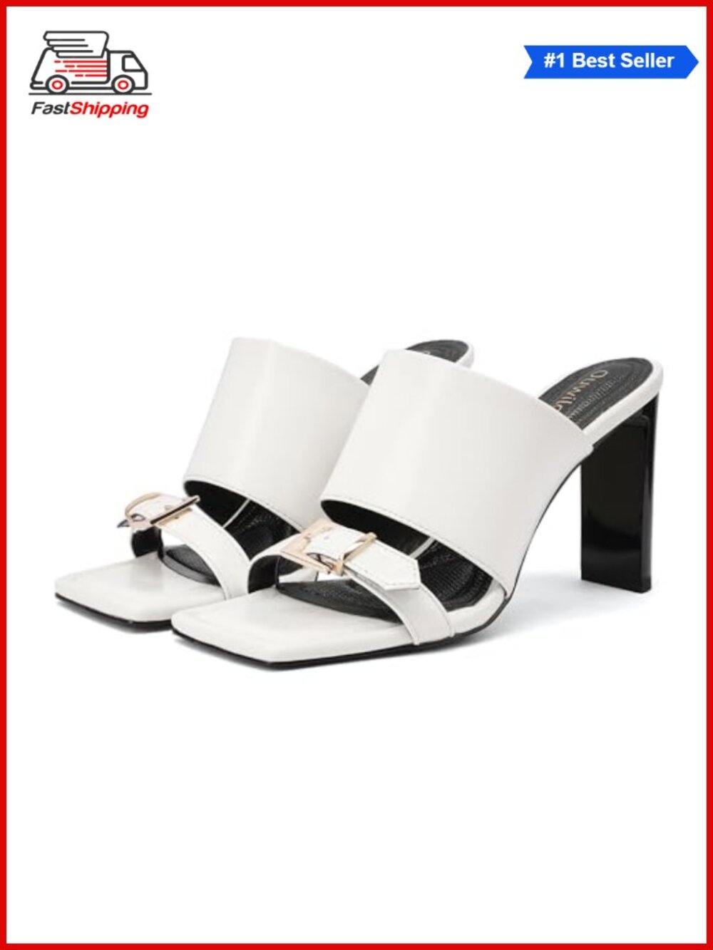 Womens Mule Sandals Square Toe Block Heels Buckle Slip On Patent